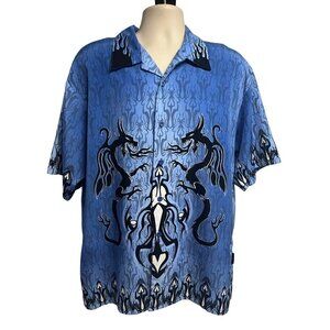 Dragonfly Mens Blue Vintage Dragons Flames All Over Print Button Front Shirt XL